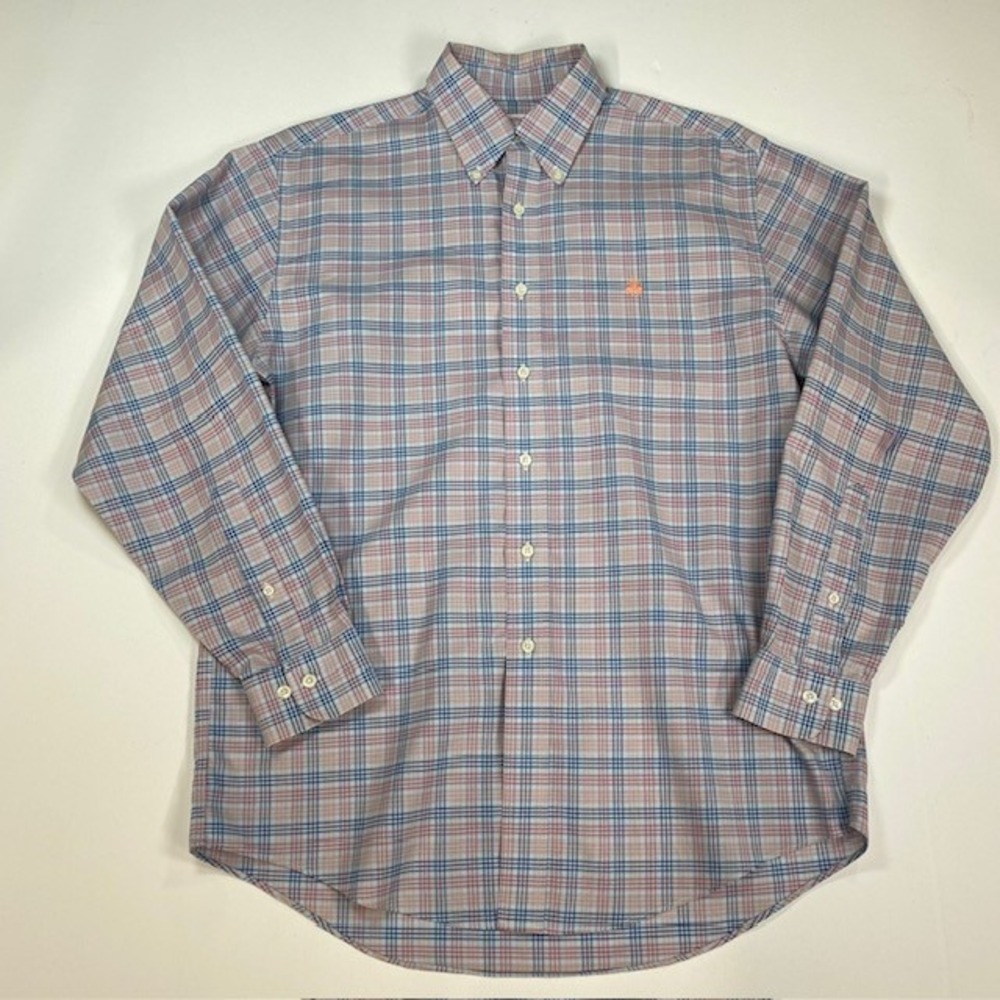 Brooks‎ Brothers 346 Plaid Button Down Shirt Mens Medium Non Iron Orange Logo